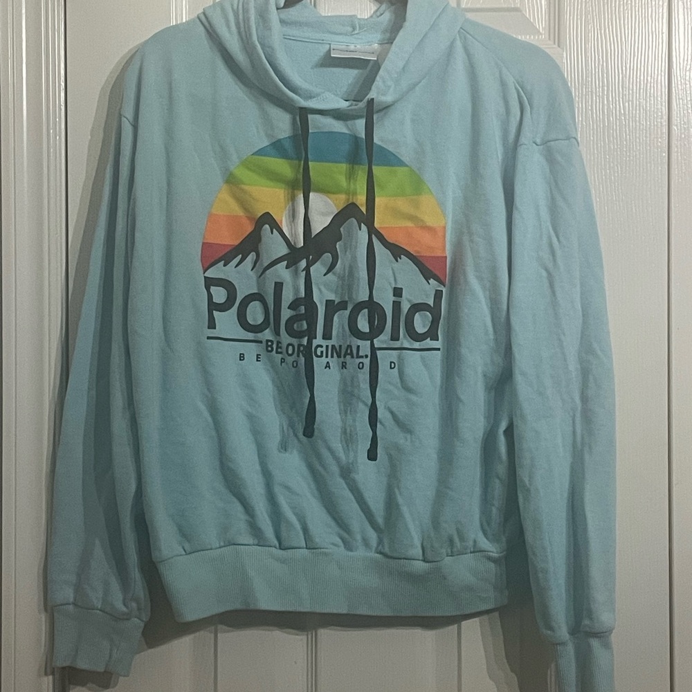 XL Polaroid Light Blue Hoodie with Rainbow Graphic